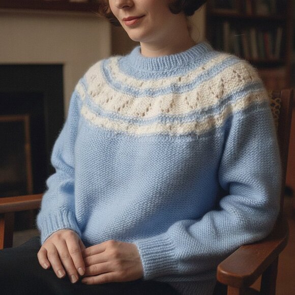 Vintage adorable pastel blue and white cloudy soft fluffy hand knit sweater - Picture 1 of 7